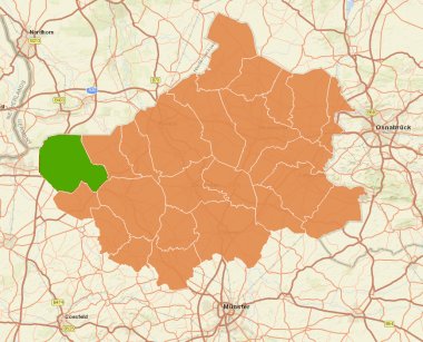 Sie sehen: eine Grafik mit Umrissen des Kreises Steinfurt (orange) und das Stadtgebiet von Ochtrup (grün)